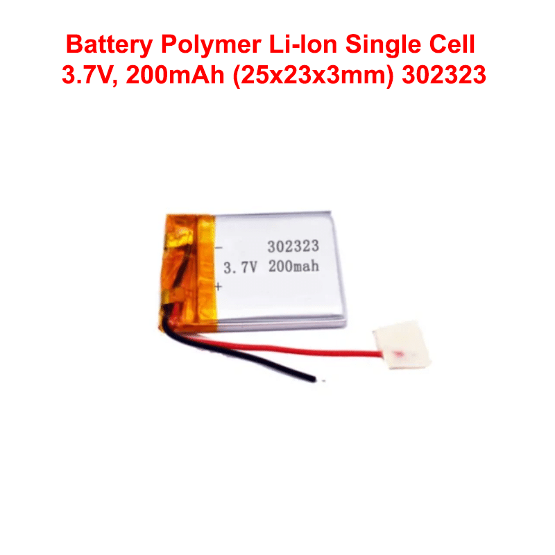 Battery Polymer 3.7V, 200mAh Li-Ion Single Cell (25x23x3 mm) 302323