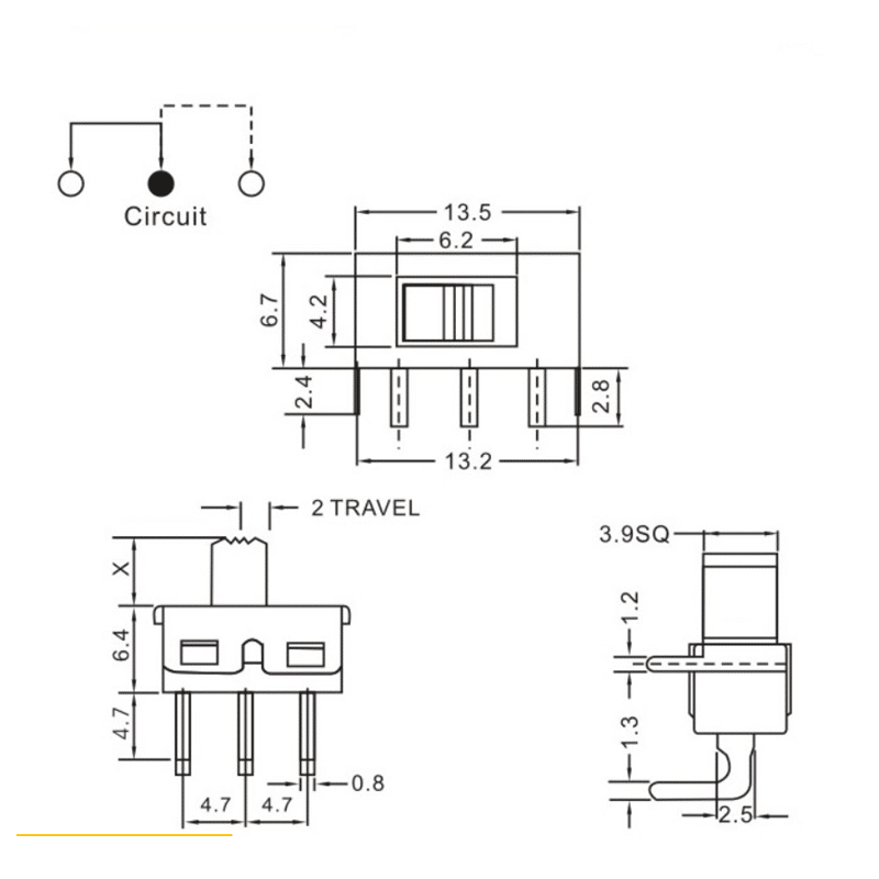 Slide Switch 2 State PCB Mounted Verticle Right Angle (3-PIN - SS-12D11G5 - 1P2T ) - Image 2